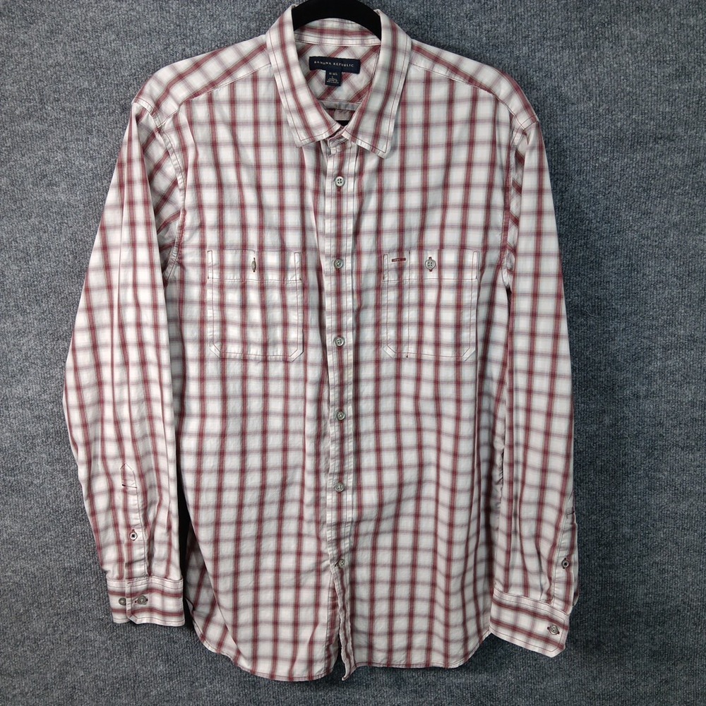 Banana Republic Mens Plaid Button Down Shirt Red White Chest Pockets L 16-16.5